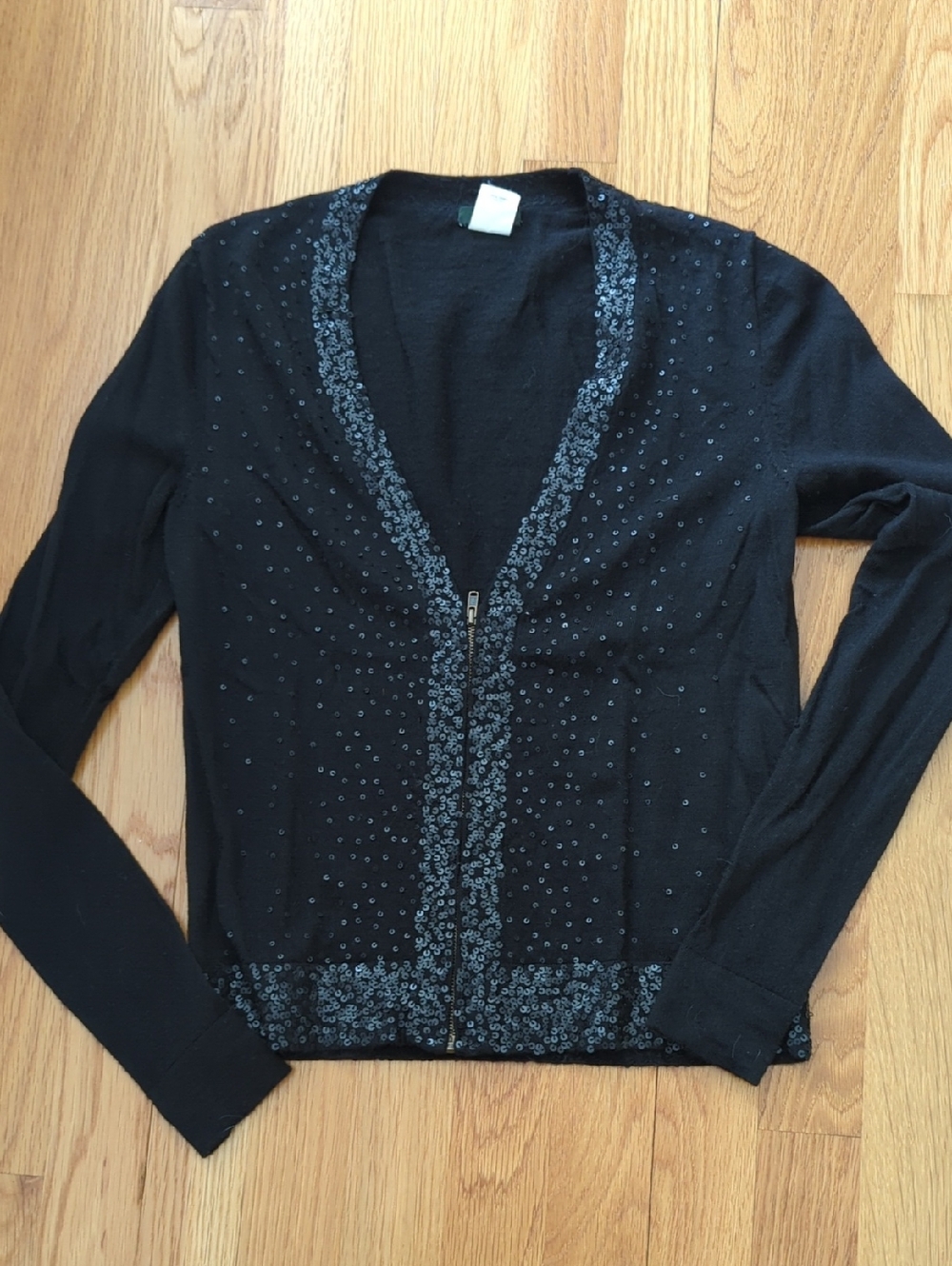 J Crew Black Sequin Trim Zip Merino Cardigan Size Small